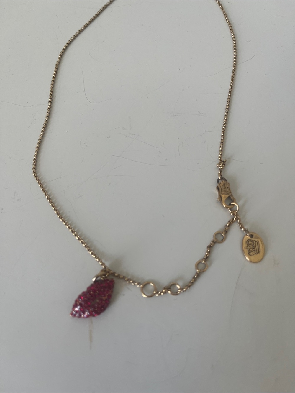 Juicy Couture Chain Necklace with Pink Crystal Leaf Pendant